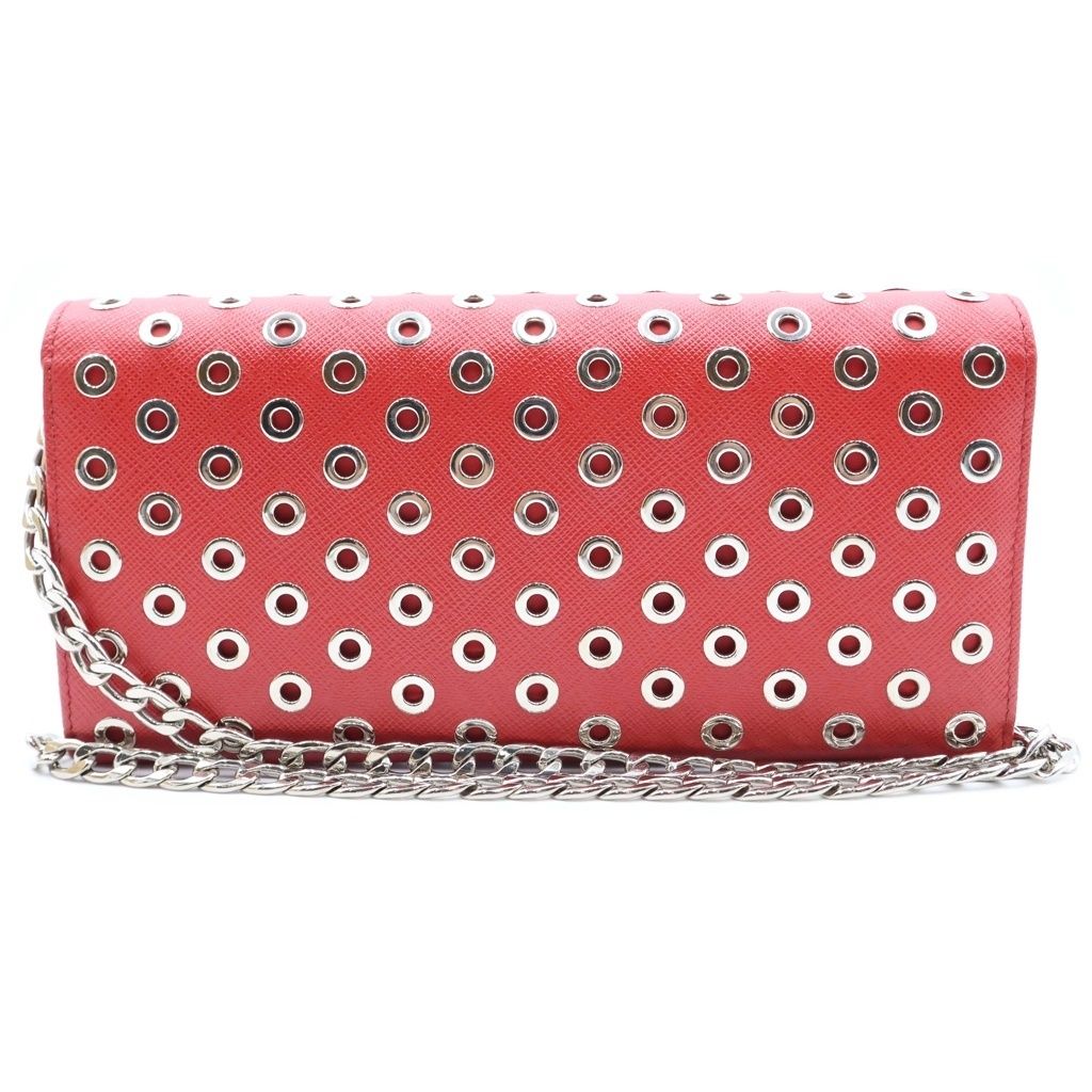 Prada Saffiano Perforated Stud Chain Wallet Red Shoulder Bag — view 2