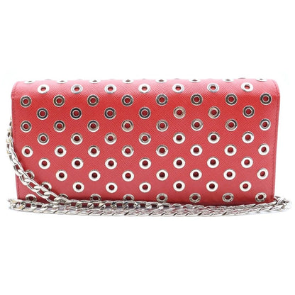 Prada Saffiano Perforated Stud Chain Wallet Red Shoulder Bag — view 2