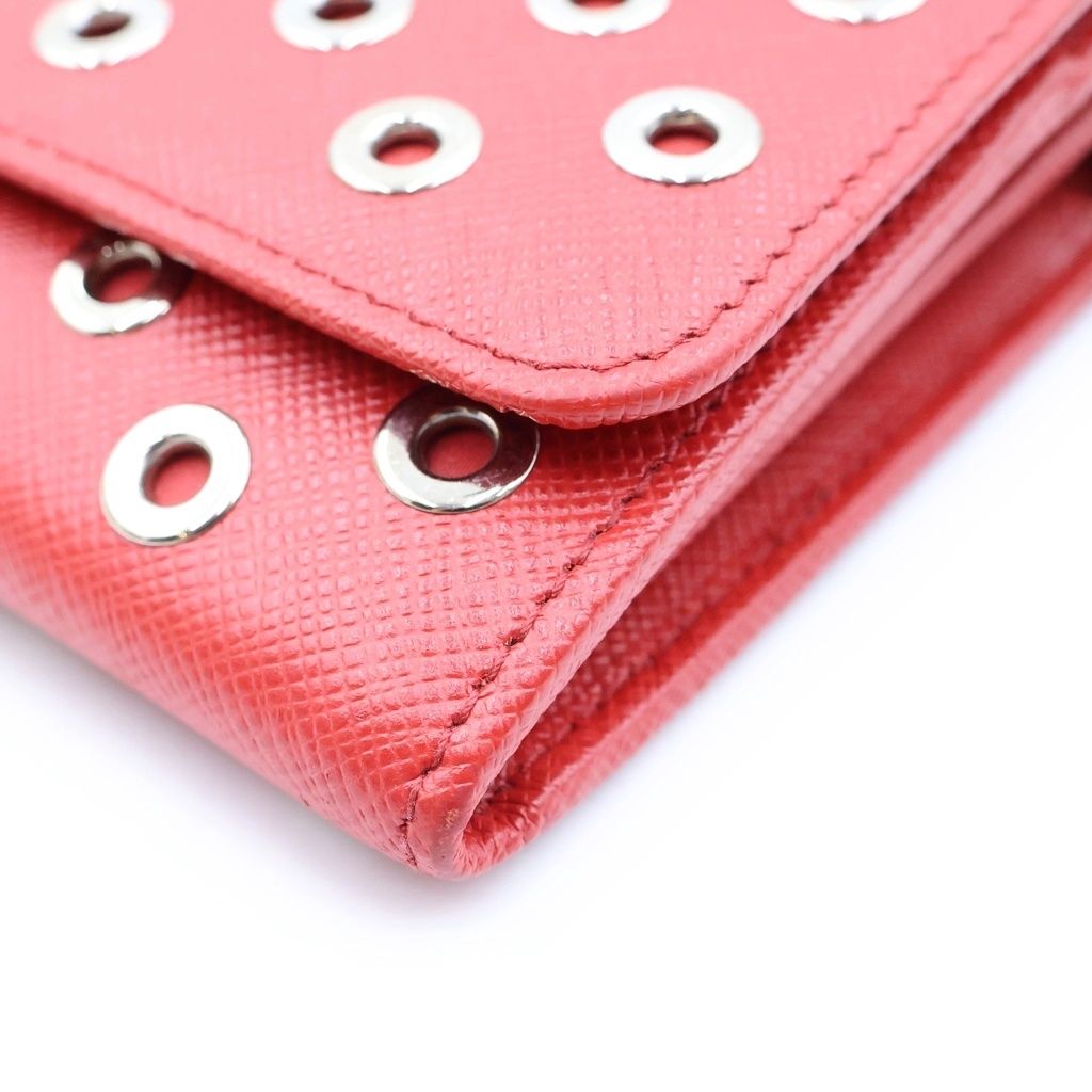 Prada Saffiano Perforated Stud Chain Wallet Red Shoulder Bag — view 4