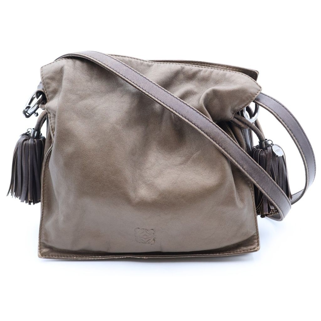 Loewe Anagram Flamenco Fringe Shoulder Bag Brown Leather Silver