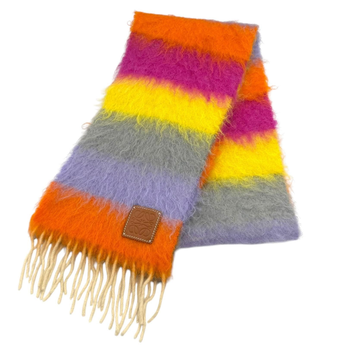 Loewe Mohair Wool Blend Anagram Leather Patch Border Fringe Scarf Multi