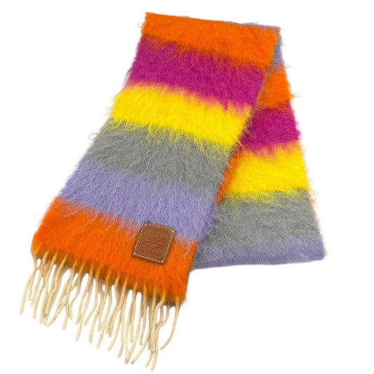 Loewe Mohair Wool Blend Anagram Leather Patch Border Fringe Scarf Multi