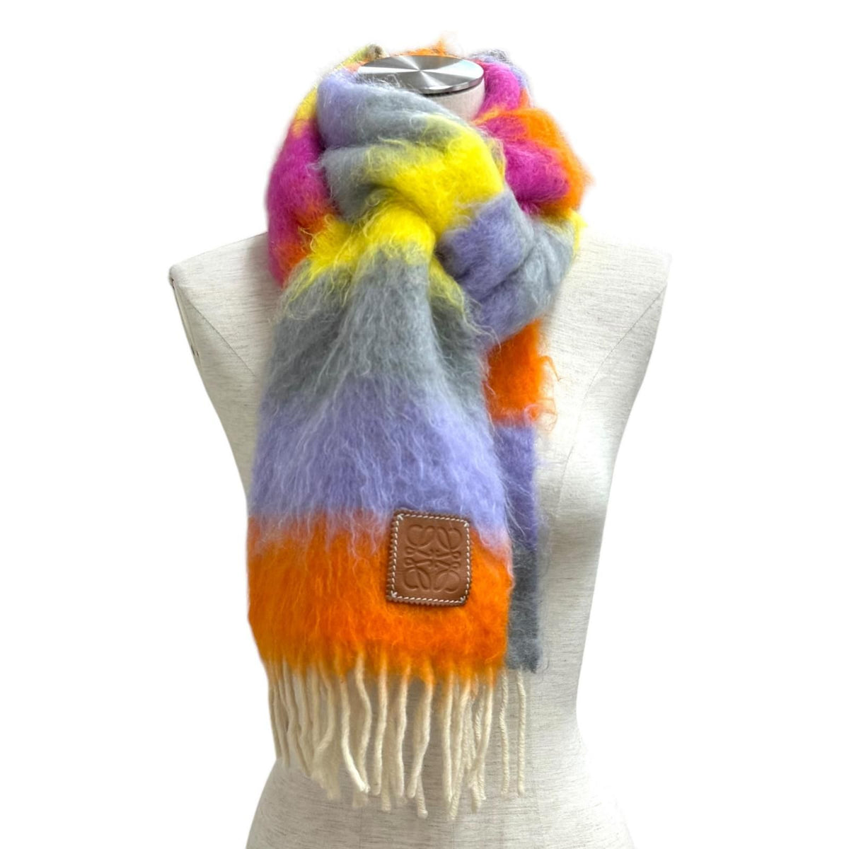 Loewe Mohair Wool Blend Anagram Leather Patch Border Fringe Scarf Multi — view 2