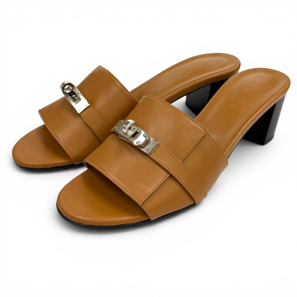 Hermes Gigi Natural Kelly Chunky Heel Leather Sandals