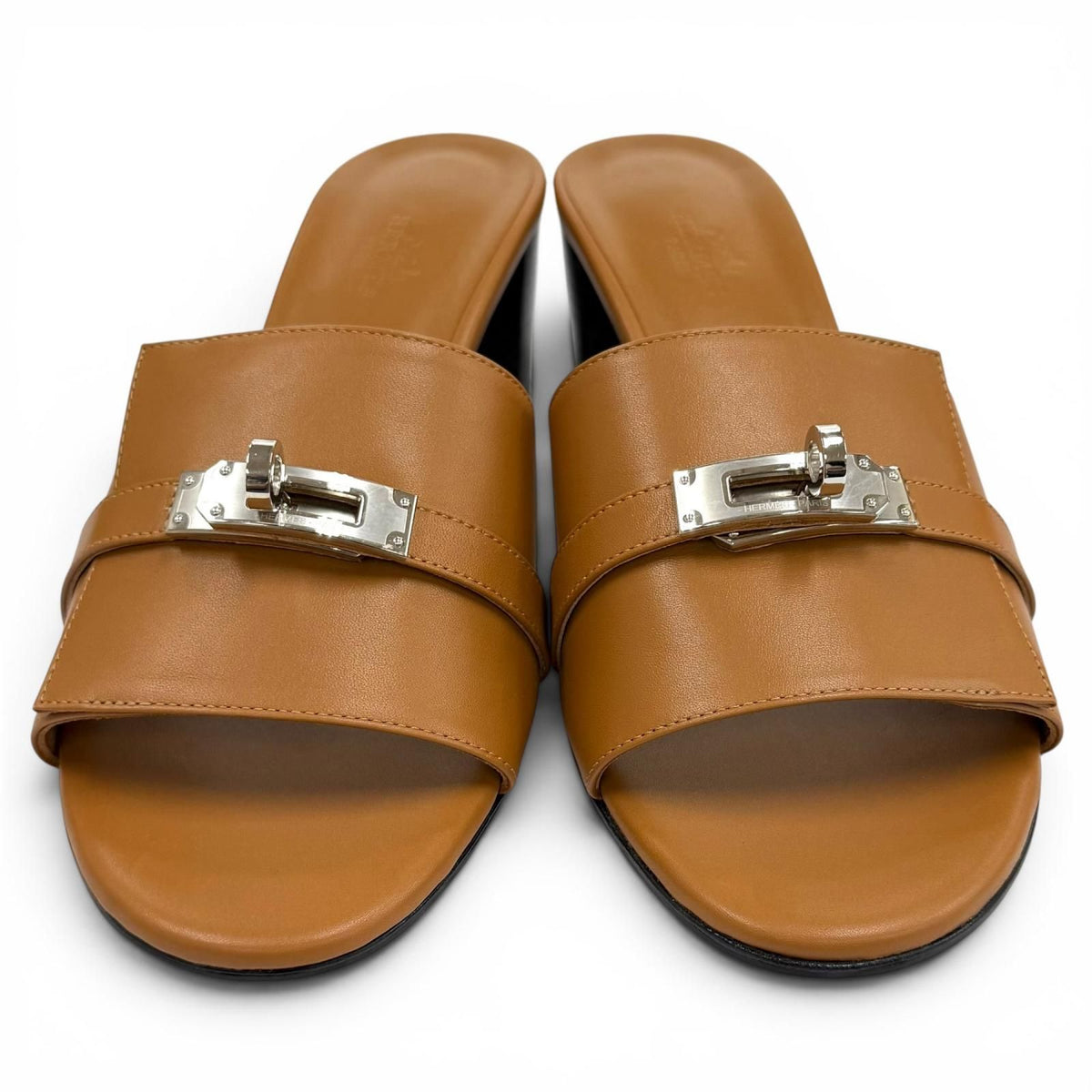 Hermes Gigi Natural Kelly Chunky Heel Leather Sandals — view 3