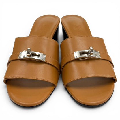Hermes Gigi Natural Kelly Chunky Heel Leather Sandals — view 3