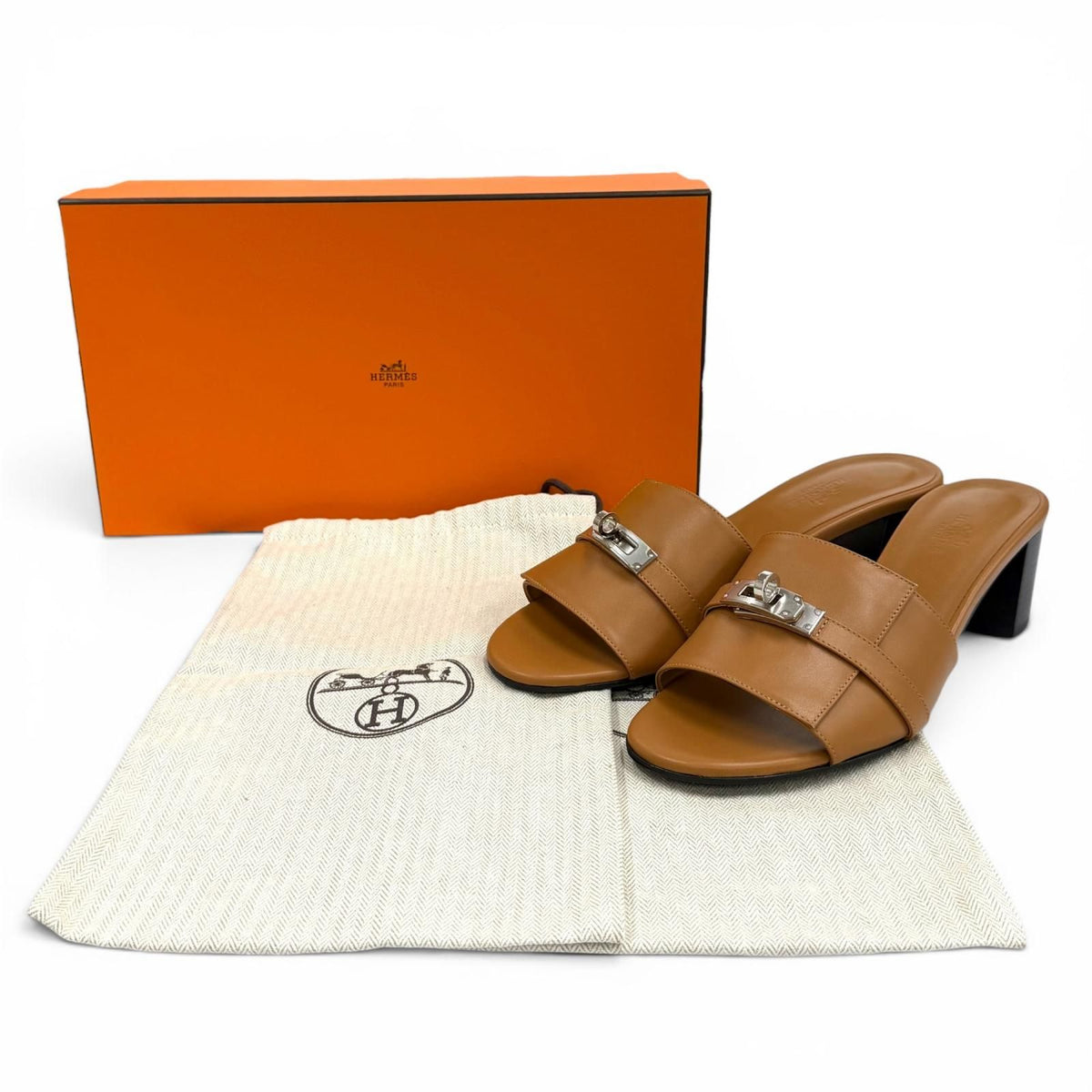 Hermes Gigi Natural Kelly Chunky Heel Leather Sandals — view 2