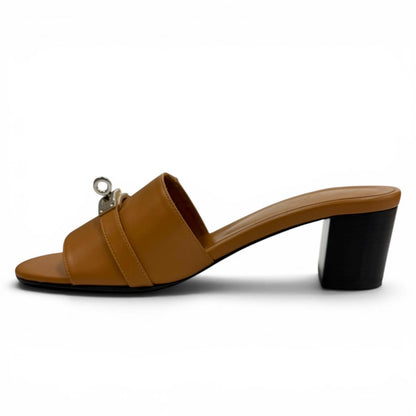 Hermes Gigi Natural Kelly Chunky Heel Leather Sandals — view 6
