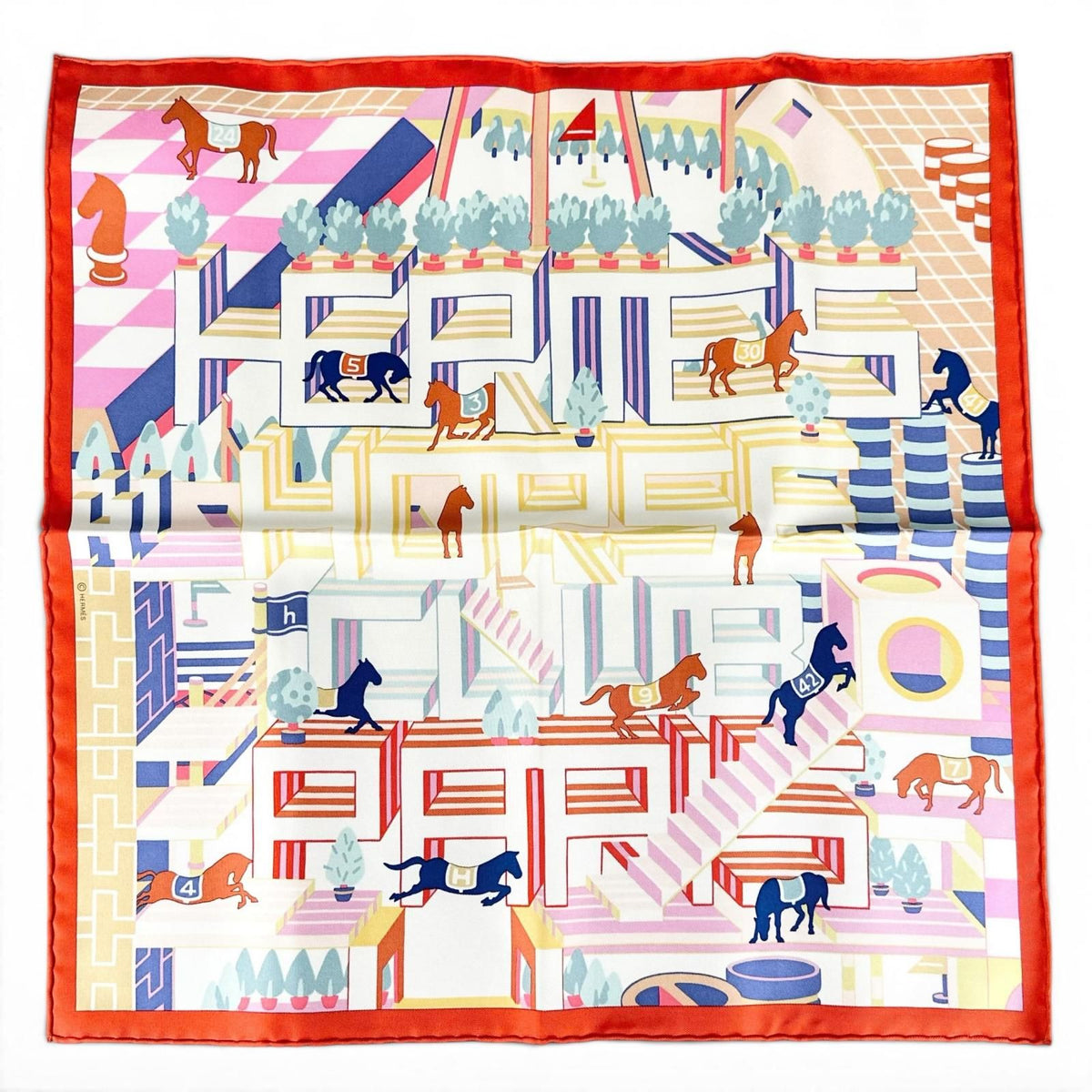 Hermes Carre 45 Gavroche Horse Club Detail Silk 100% Scarf Multi