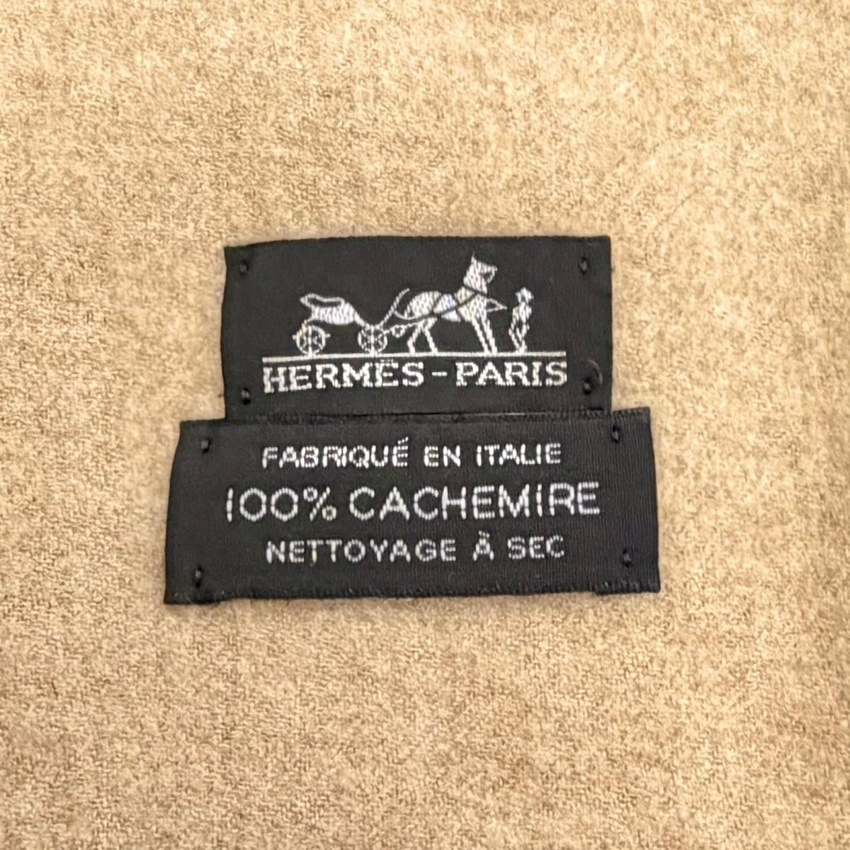 Hermes Cashmere 100% Logo Embroidery Fringe Large Shawl Throw Blanket Beige — view 5