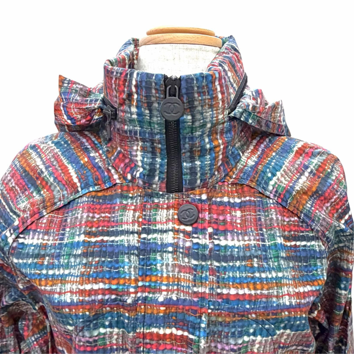 Chanel Cotton Coco Buttons Tweed Print Hooded Zip Up Rain Jacket Multicolor 36 — view 2
