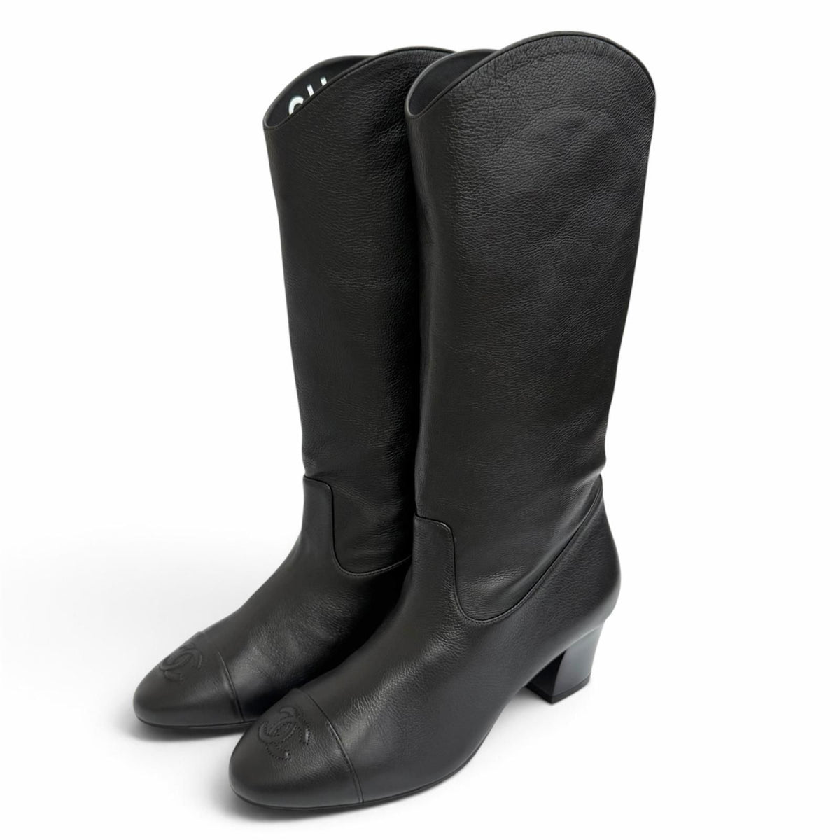 Chanel CC Logo Stitch Middle Leather Boots Jockey Black