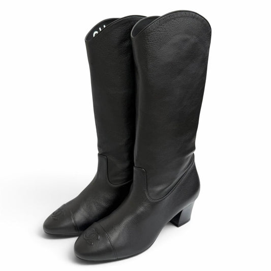 Chanel CC Logo Stitch Middle Leather Boots Jockey Black