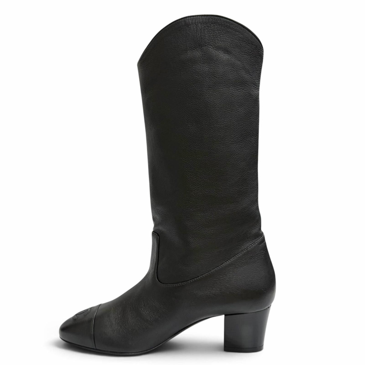 Chanel CC Logo Stitch Middle Leather Boots Jockey Black — view 6