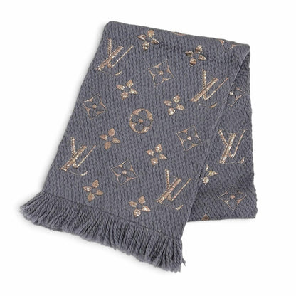 Louis Vuitton Logomania Scarf Shine Wool Silk Gray Monogram