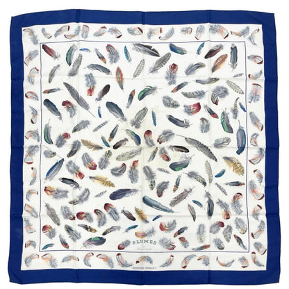 Hermes Carre 90 Plumes Scarf Silk Blue Feather Pattern