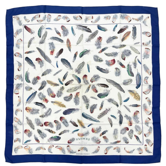 Hermes Carre 90 Plumes Scarf Silk Blue Feather Pattern