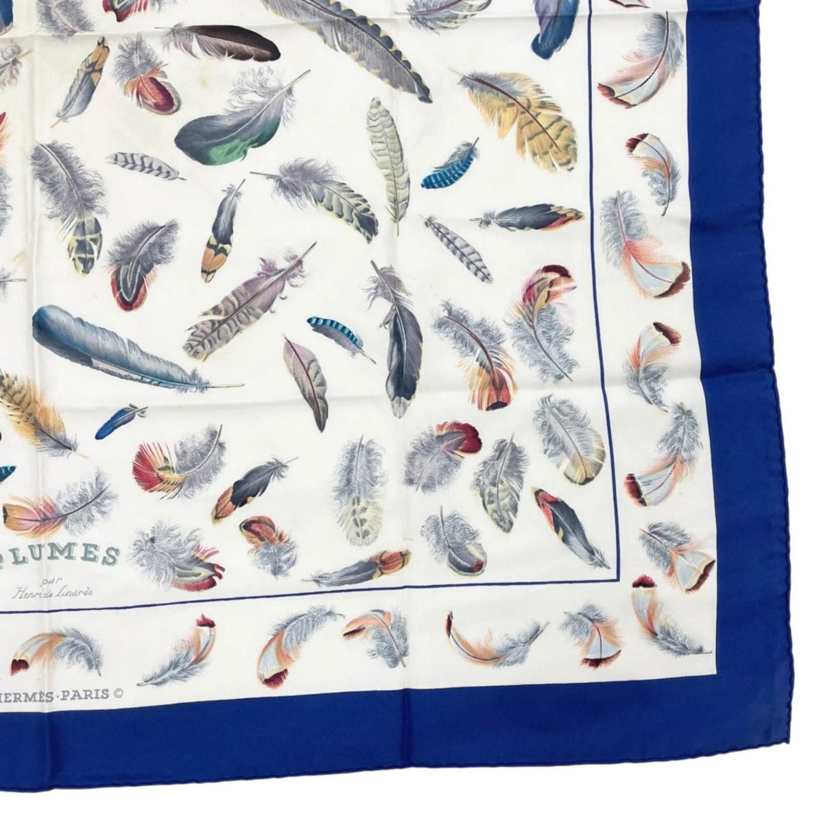 Hermes Carre 90 Plumes Scarf Silk Blue Feather Pattern — view 5