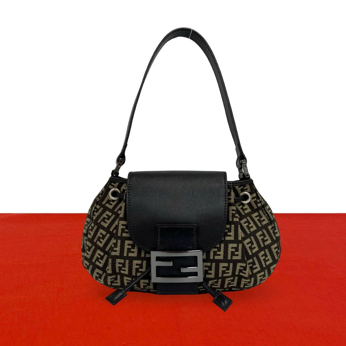 Fendi Zucchino FF Pattern Canvas Leather Shoulder Bag Brown Beige