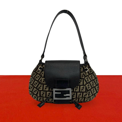 Fendi Zucchino FF Pattern Canvas Leather Shoulder Bag Brown Beige