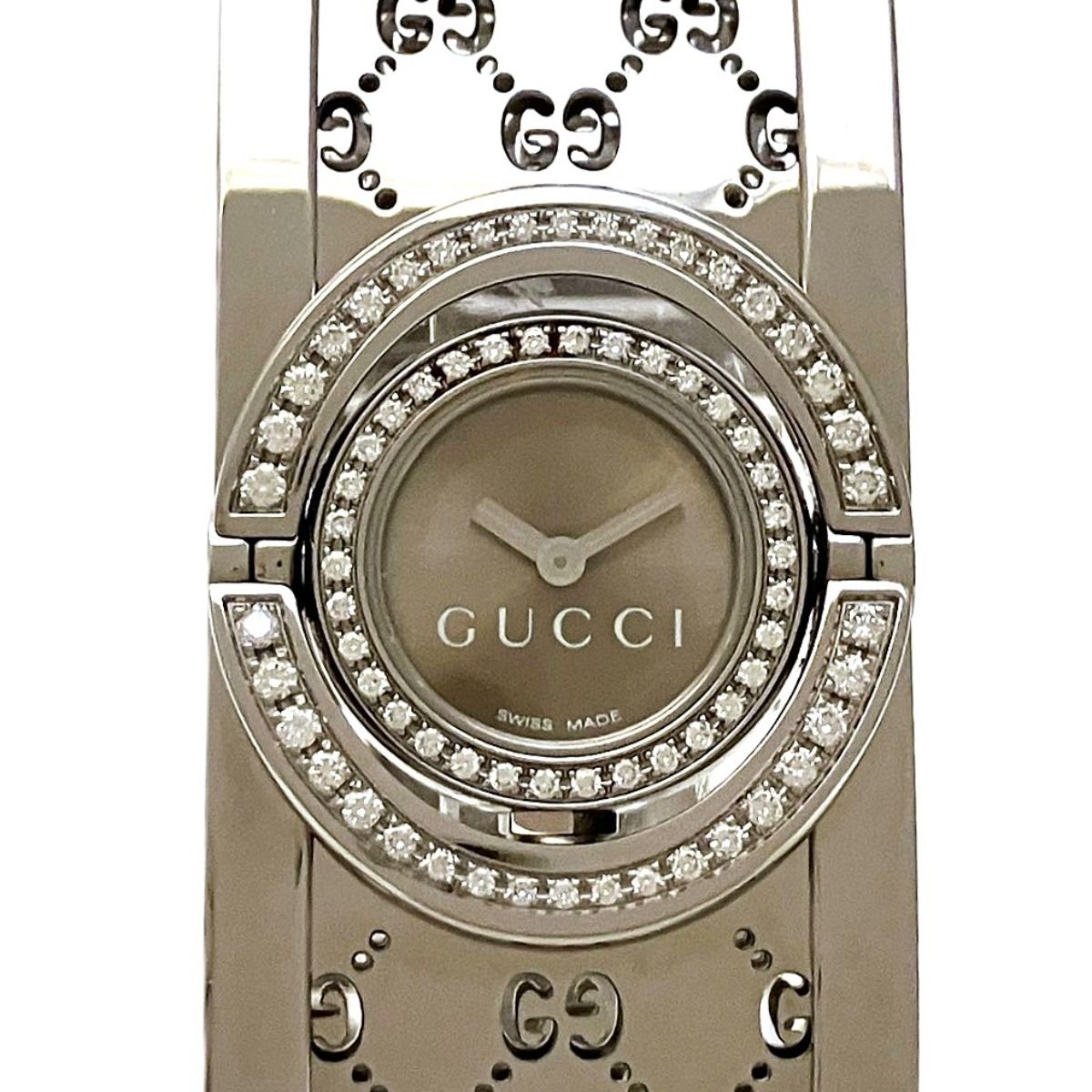 Gucci Toile GG Diamond Bezel Watch SS Quartz Brown Dial