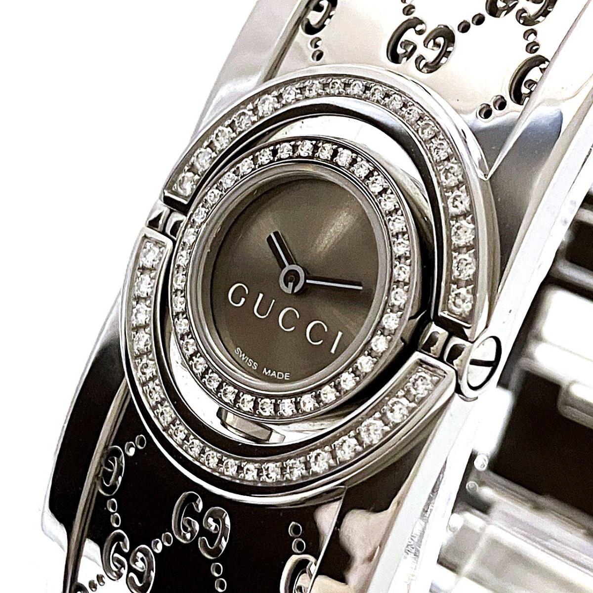 Gucci Toile GG Diamond Bezel Watch SS Quartz Brown Dial — view 4