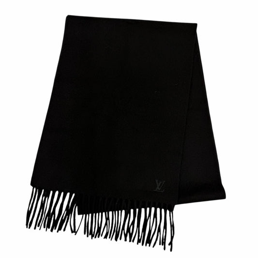 Louis Vuitton Echarpe Jhelum Cashmere Noir LV Logo Embroidery Fringe Scarf