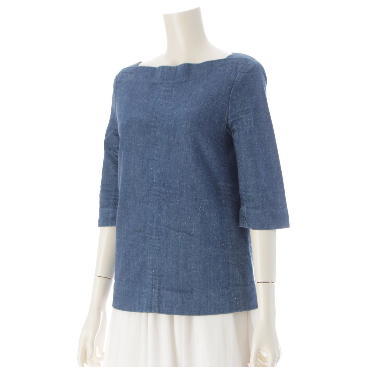 Celine Denim Phoebe Philo Era Three Quarter Sleeve Boat Neck Top Indigo Blue 38 — view 2