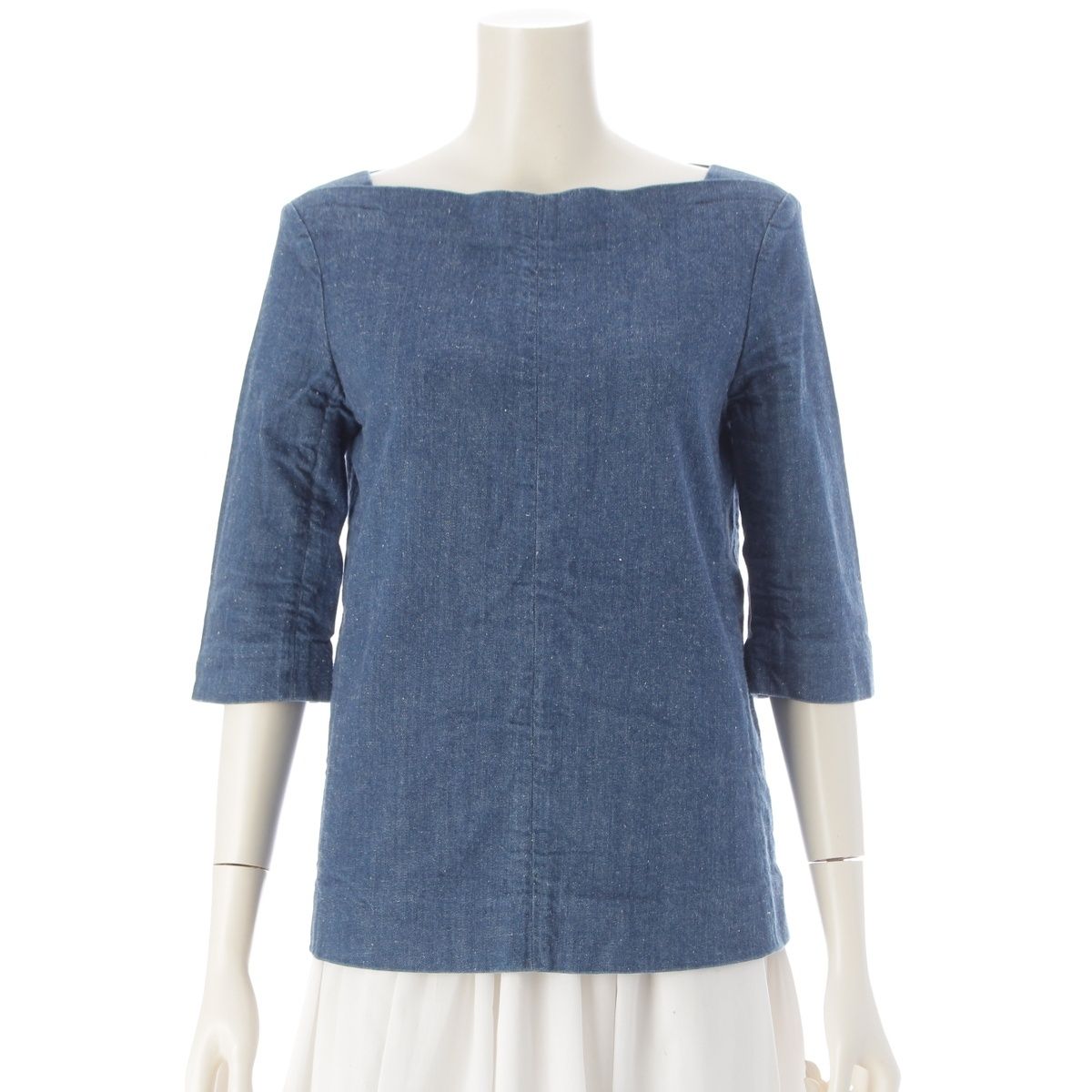 Celine Denim Phoebe Philo Era Three Quarter Sleeve Boat Neck Top Indigo Blue 38