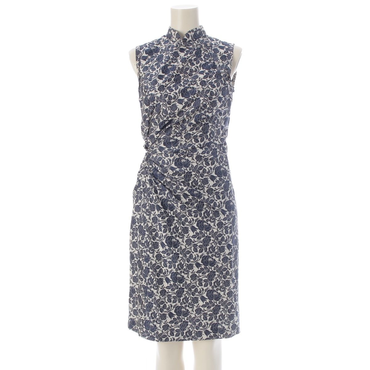 Prada Silk Sleeveless Gathered Design China Rose Floral Pattern Dress Archive