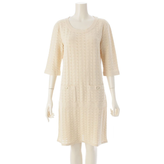 Chanel Cotton Half Sleeve CC Logo Knit Dress Ivory 38