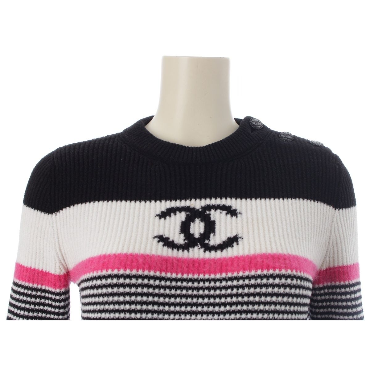 Chanel CC Logo Border Knit Long Sleeve Sweater Top Black White Pink 36 — view 5