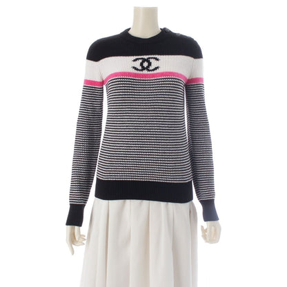 Chanel CC Logo Border Knit Long Sleeve Sweater Top Black White Pink 36