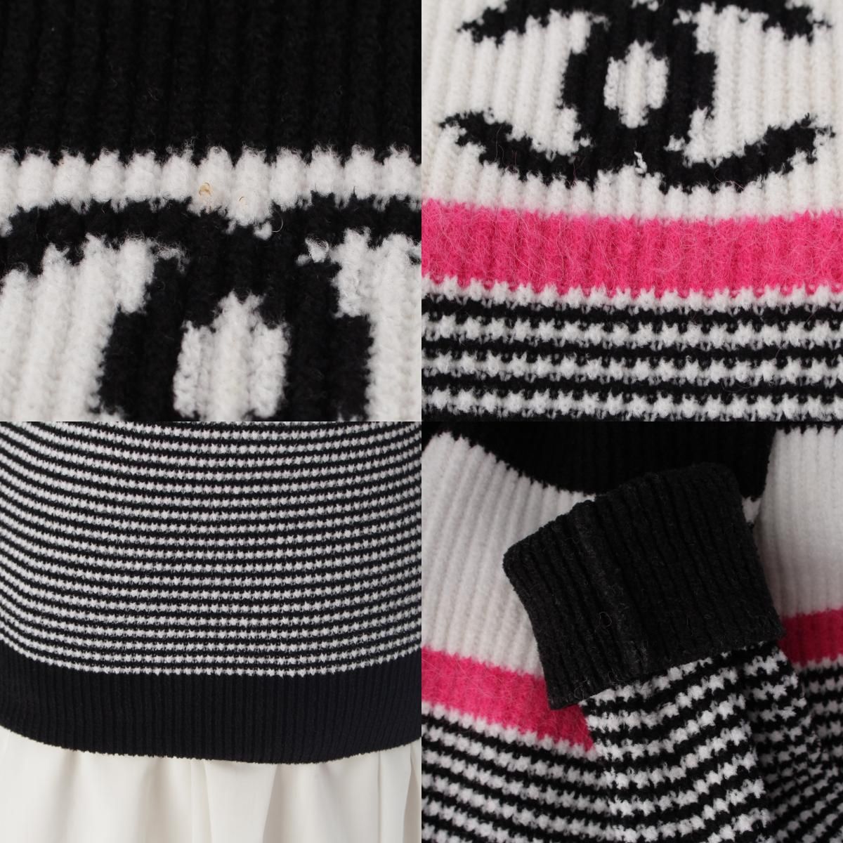 Chanel CC Logo Border Knit Long Sleeve Sweater Top Black White Pink 36 — view 8