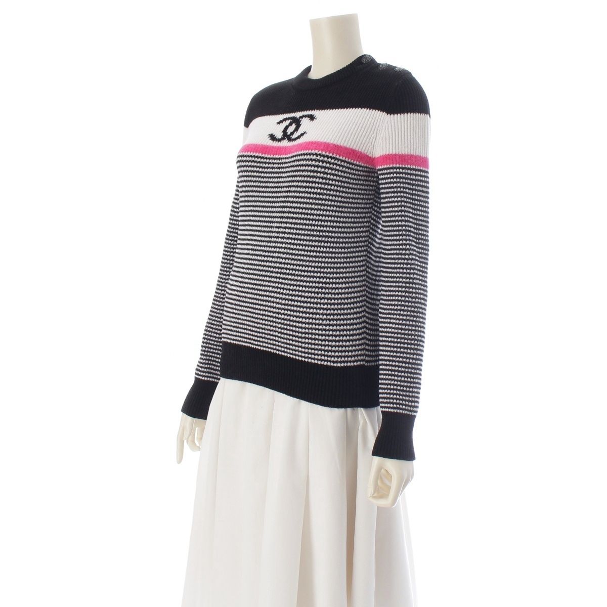 Chanel CC Logo Border Knit Long Sleeve Sweater Top Black White Pink 36 — view 2