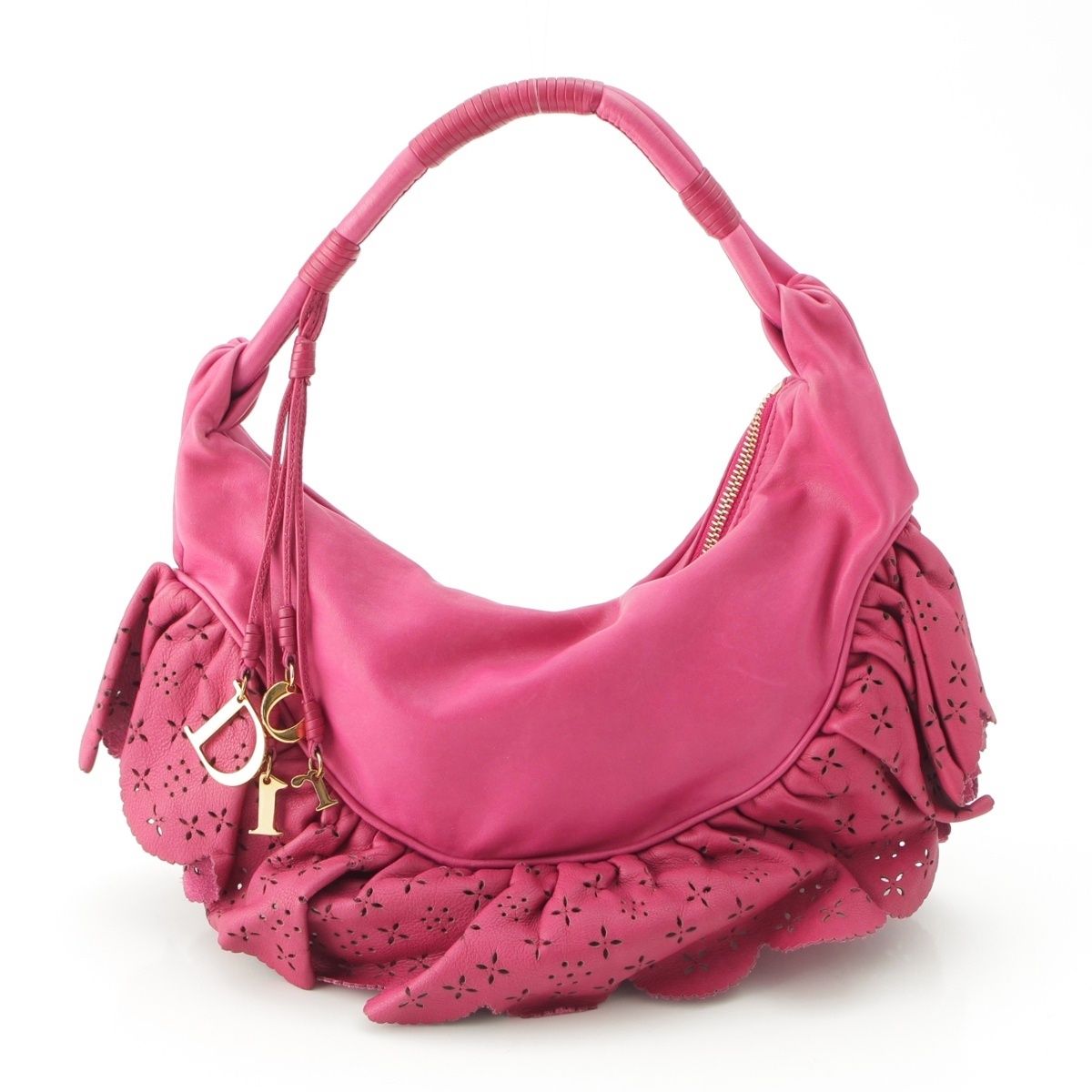 Dior Gypsy Leather Ruffle Hobo Shoulder Handbag Fuchsia Pink