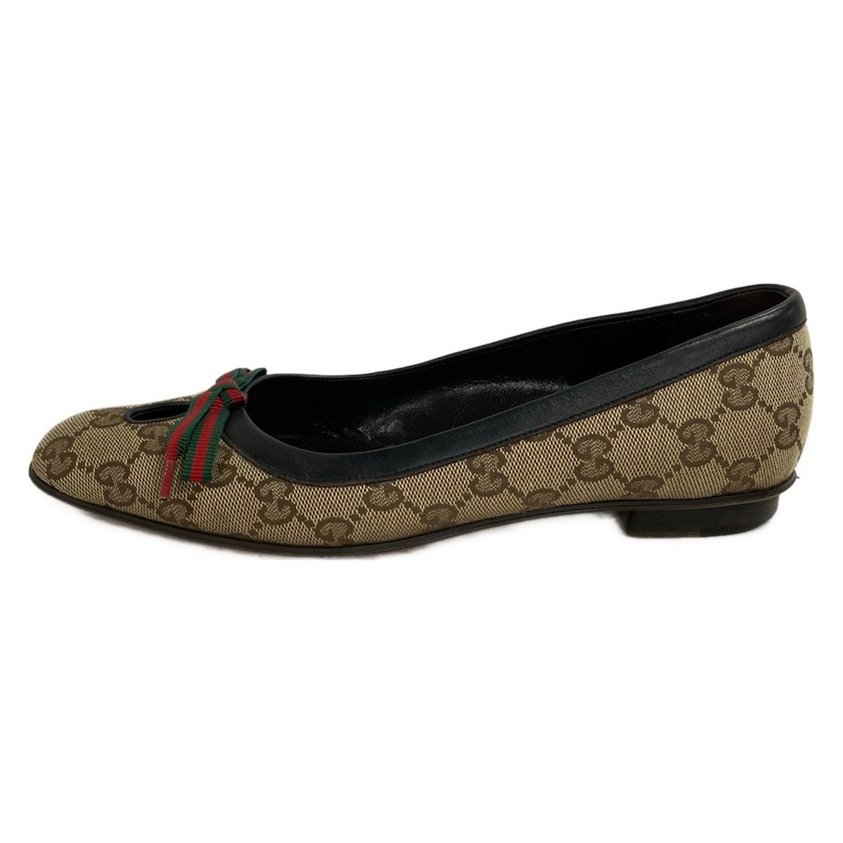 Gucci Flat Shoes GG Pattern Sherry Beige Dark Brown Multi Ribbon Leather