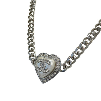 Chanel CC Logo Heart Chain Necklace Silver Colored