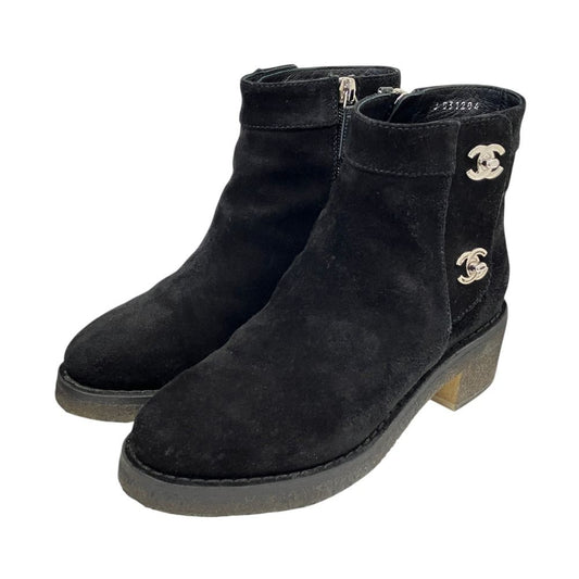 Chanel CC Logo Turnlock Suede Side Zip Short Boots Black