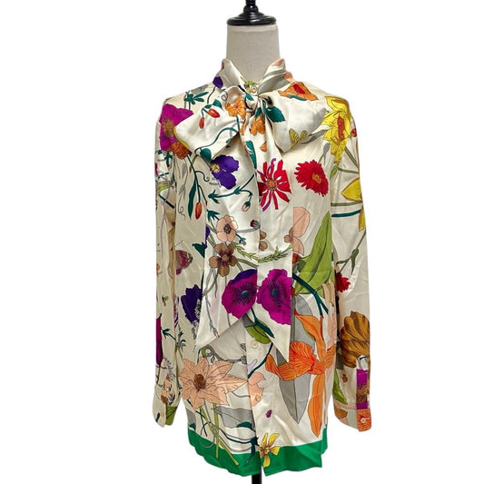 Gucci Flora Print Silk Shirt Blouse with Bow Tie Multicolor Long Sleeve 44