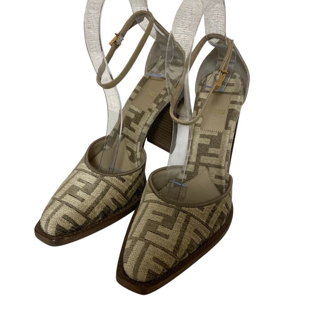 Fendi Chenille Jacquard FF Cut Ankle Strap Pumps Beige Heels