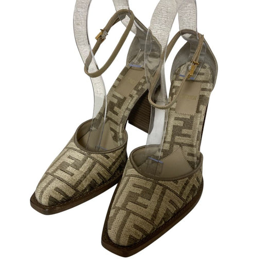 Fendi Chenille Jacquard FF Cut Ankle Strap Pumps Beige Heels