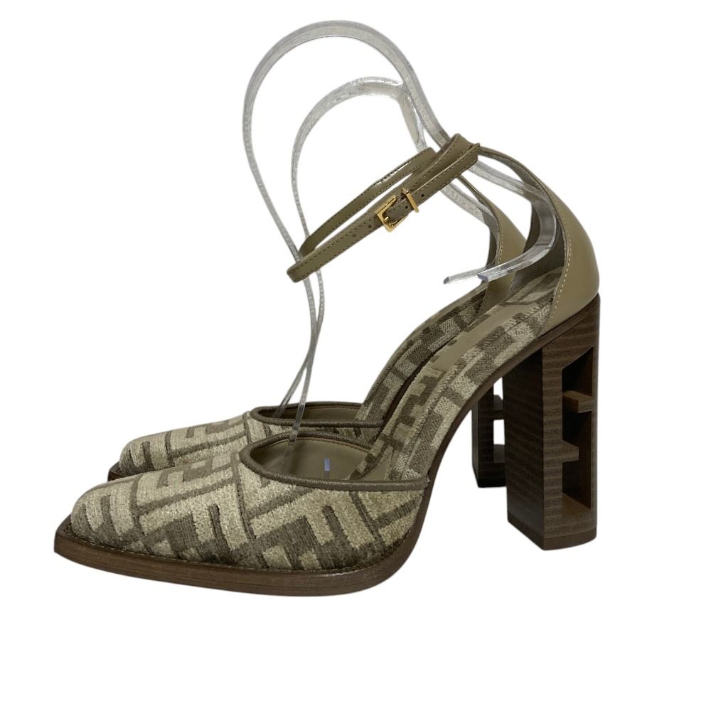 Fendi Chenille Jacquard FF Cut Ankle Strap Pumps Beige Heels — view 2