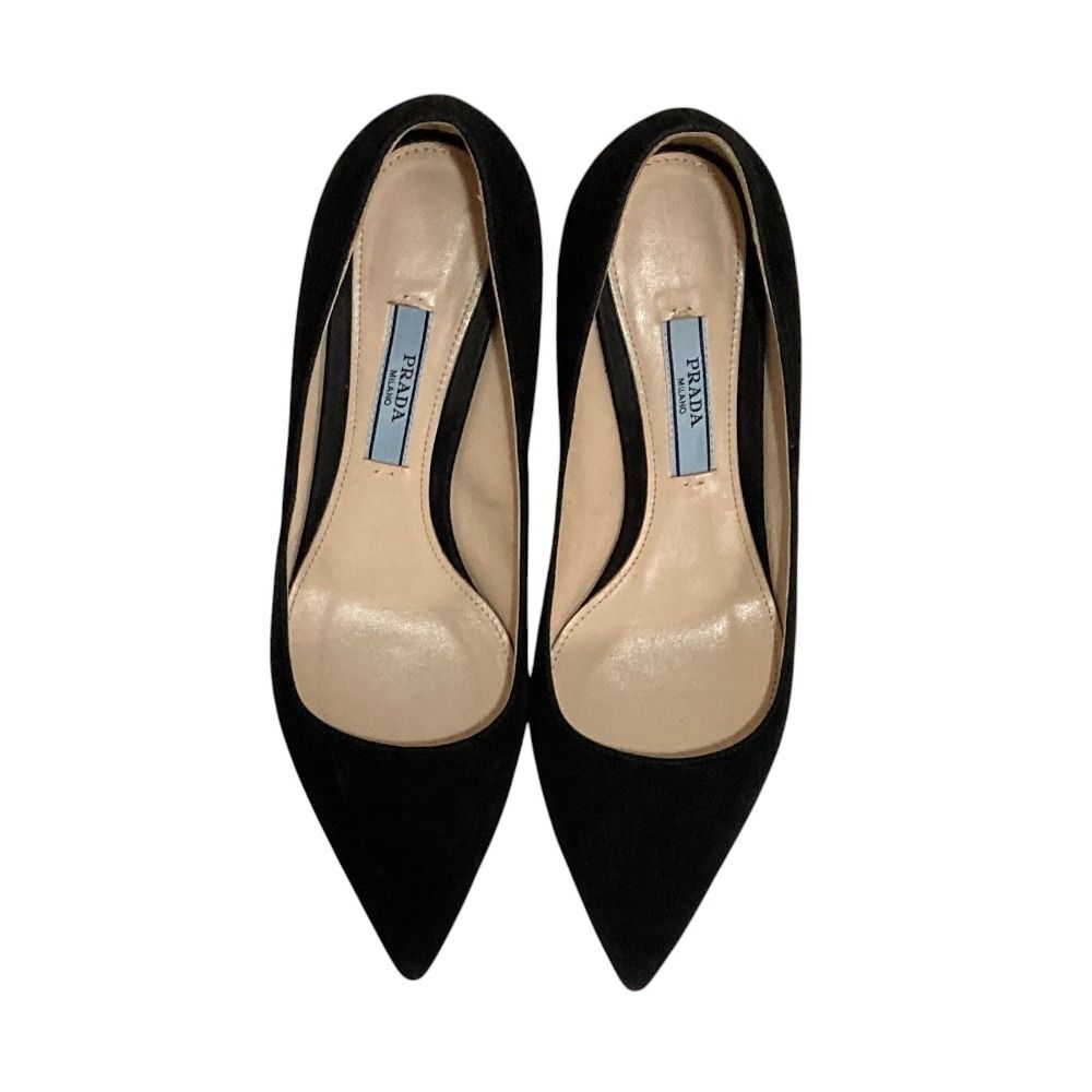 Prada Suede Leather Pointed Toe Pumps Black Heels — view 6