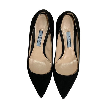 Prada Suede Leather Pointed Toe Pumps Black Heels — view 6