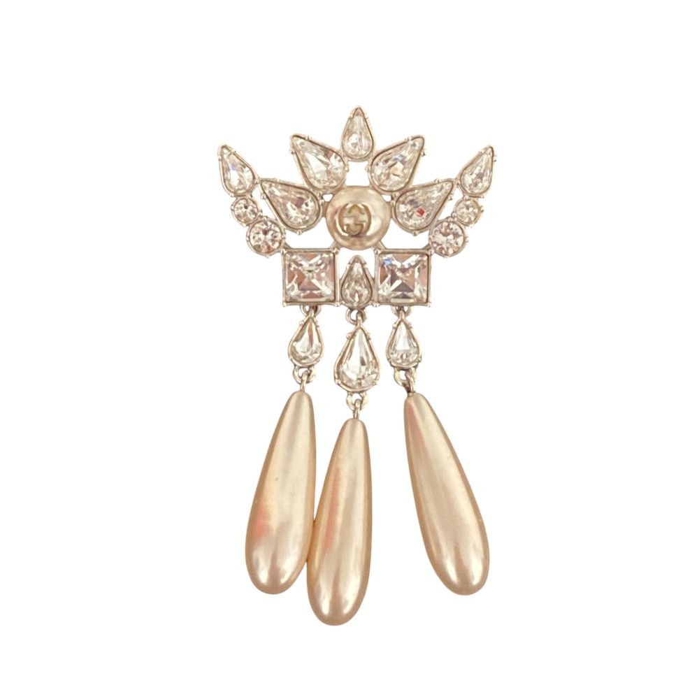 Gucci Interlocking G Rhinestone Faux Pearl Pin Badge Brooch Silver Colored