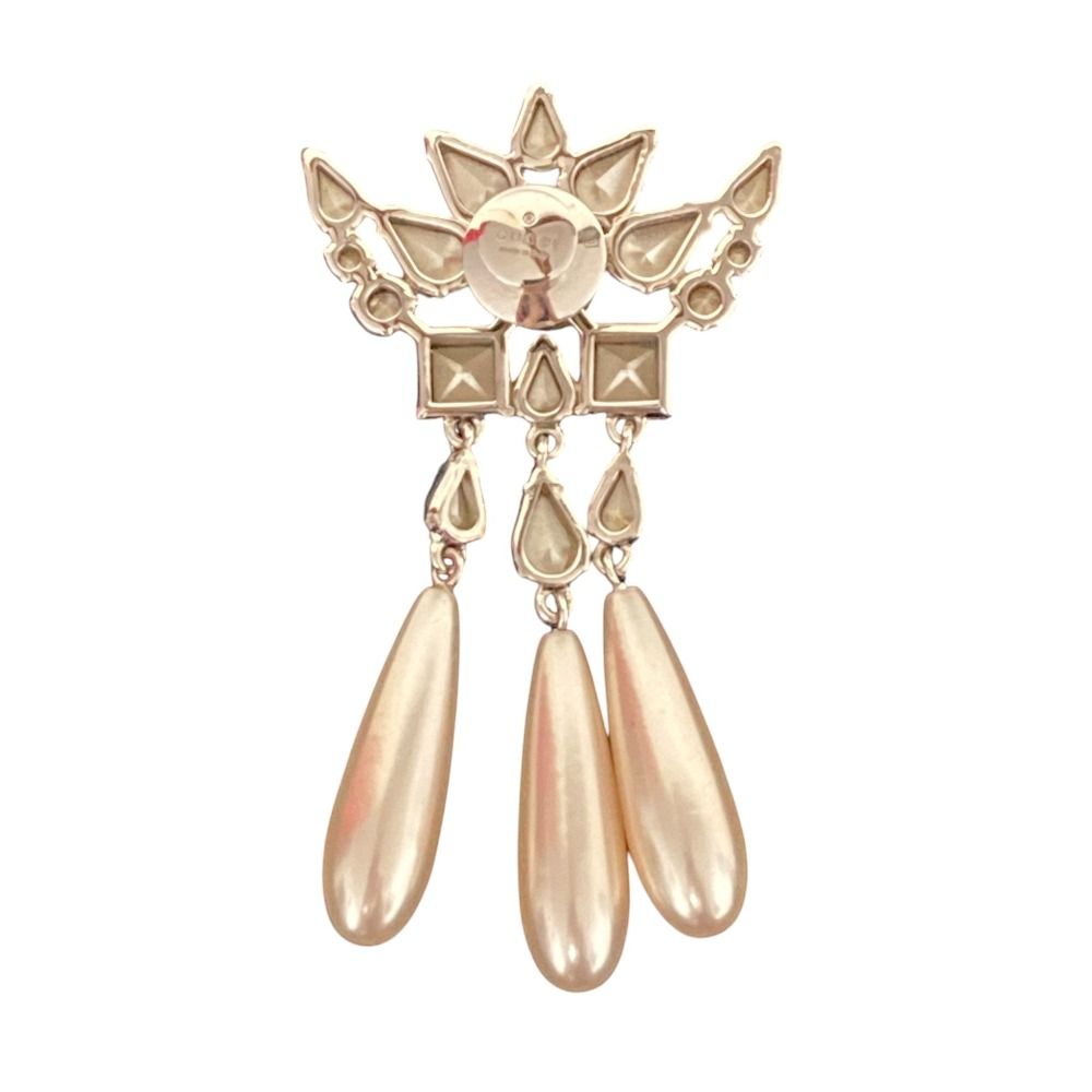 Gucci Interlocking G Rhinestone Faux Pearl Pin Badge Brooch Silver Colored — view 3