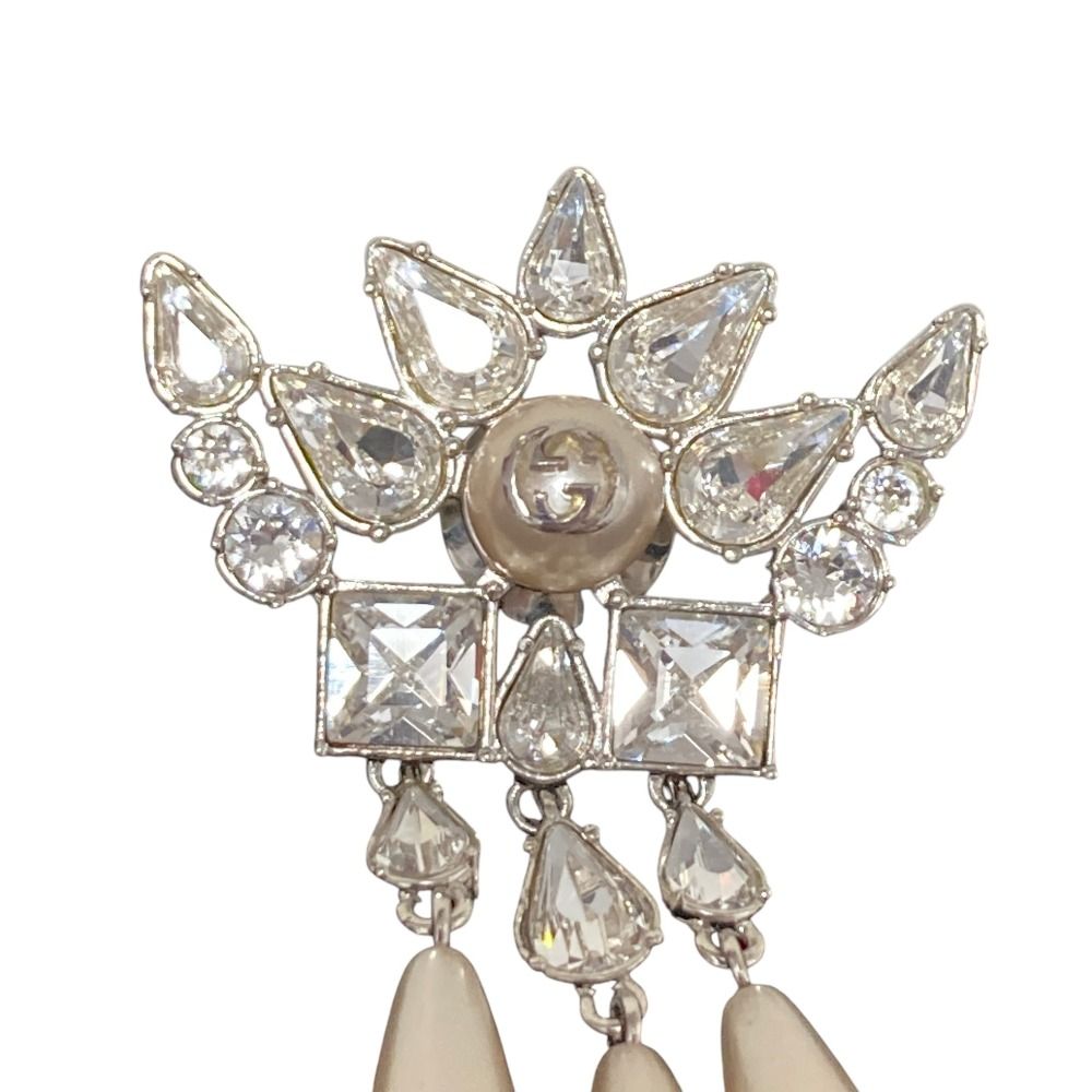 Gucci Interlocking G Rhinestone Faux Pearl Pin Badge Brooch Silver Colored — view 2