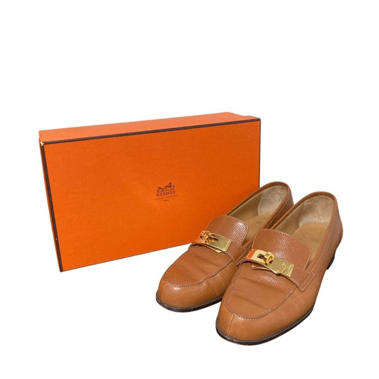 Hermes Destin Kelly Leather Loafers Shoes Brown