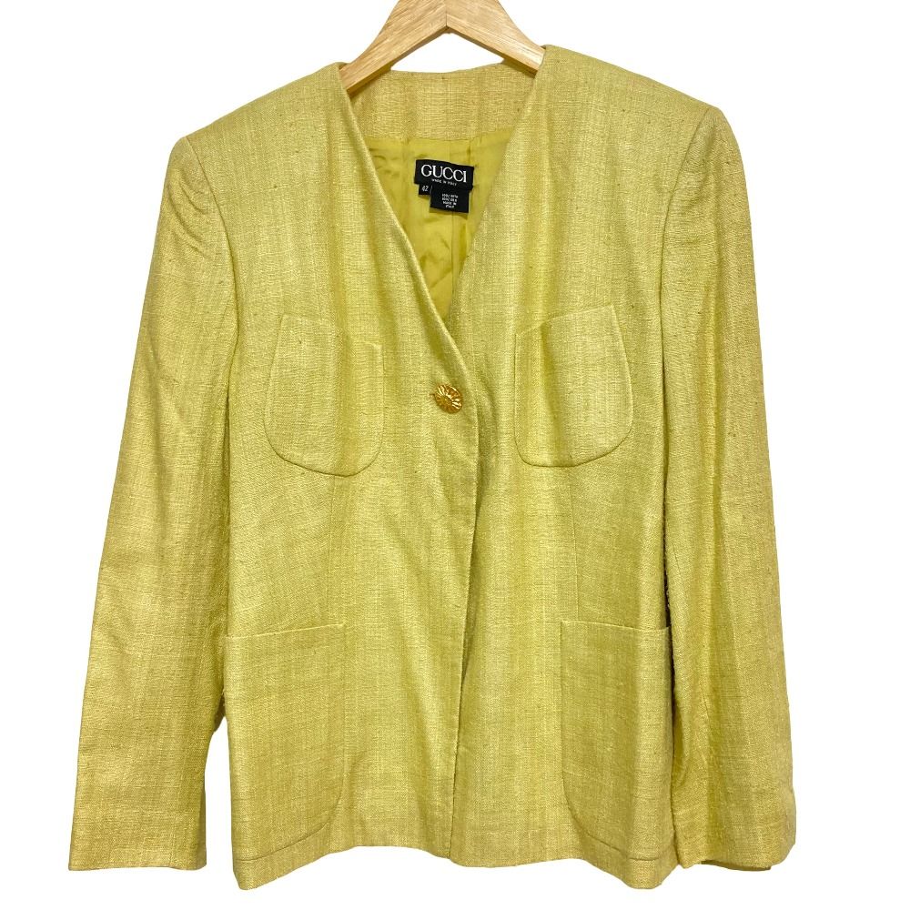 Gucci Tom Ford Era Sun Button Silk Collarless Jacket Yellow Stand Collar 42